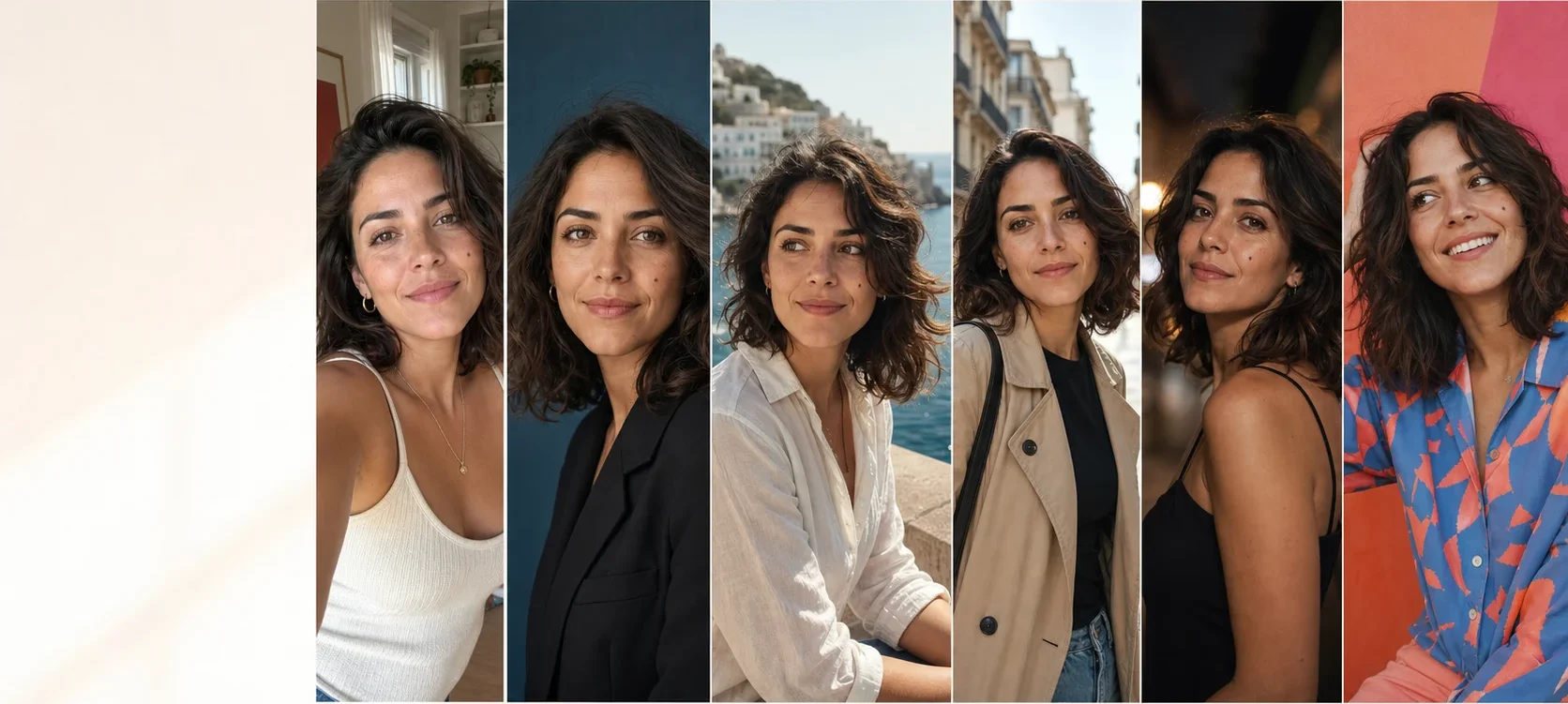 La misma mujer en seis fotografías realistas con estilos y escenarios diferentes