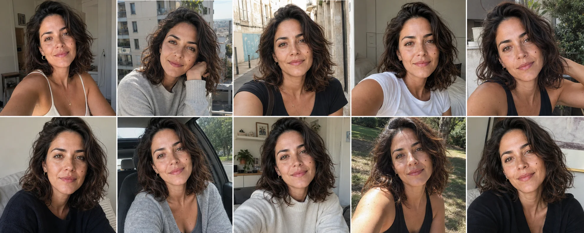 Diez selfies casuales de la misma mujer tomadas con el móvil