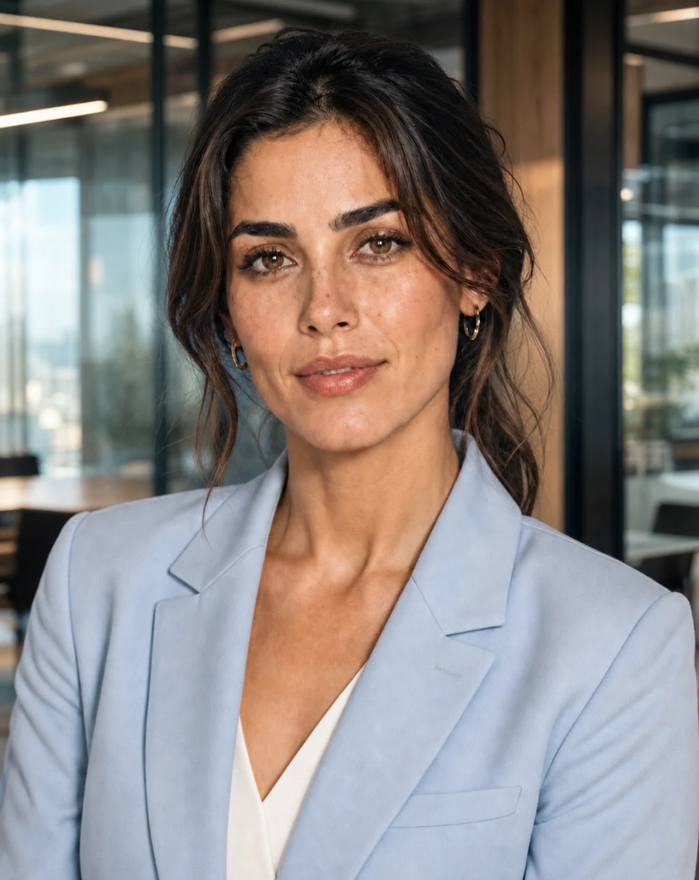 The same woman in a modern office after editing the background