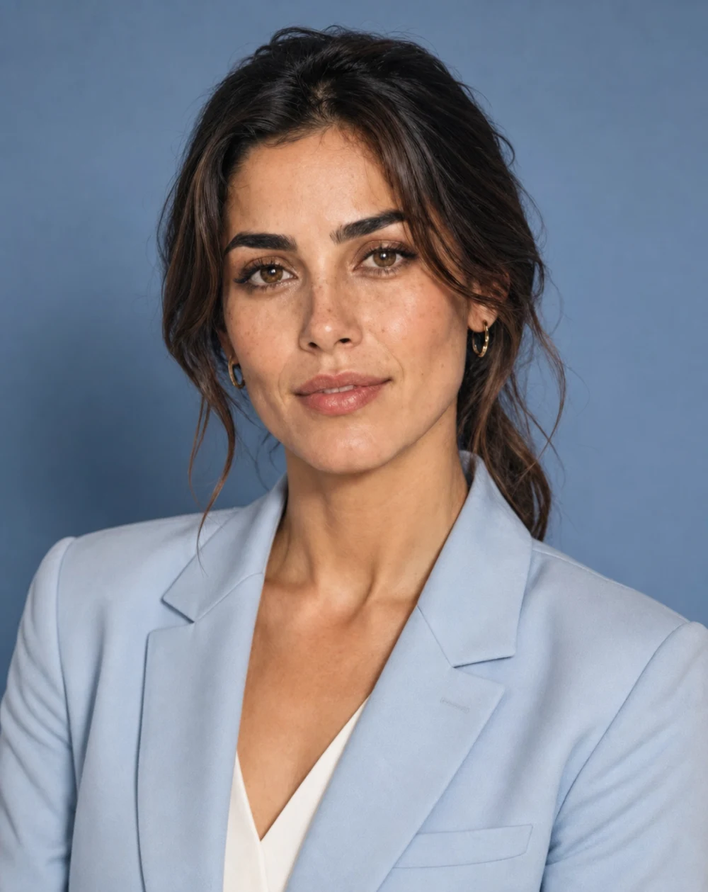 High-resolution original portrait of a woman wearing a light blue suit