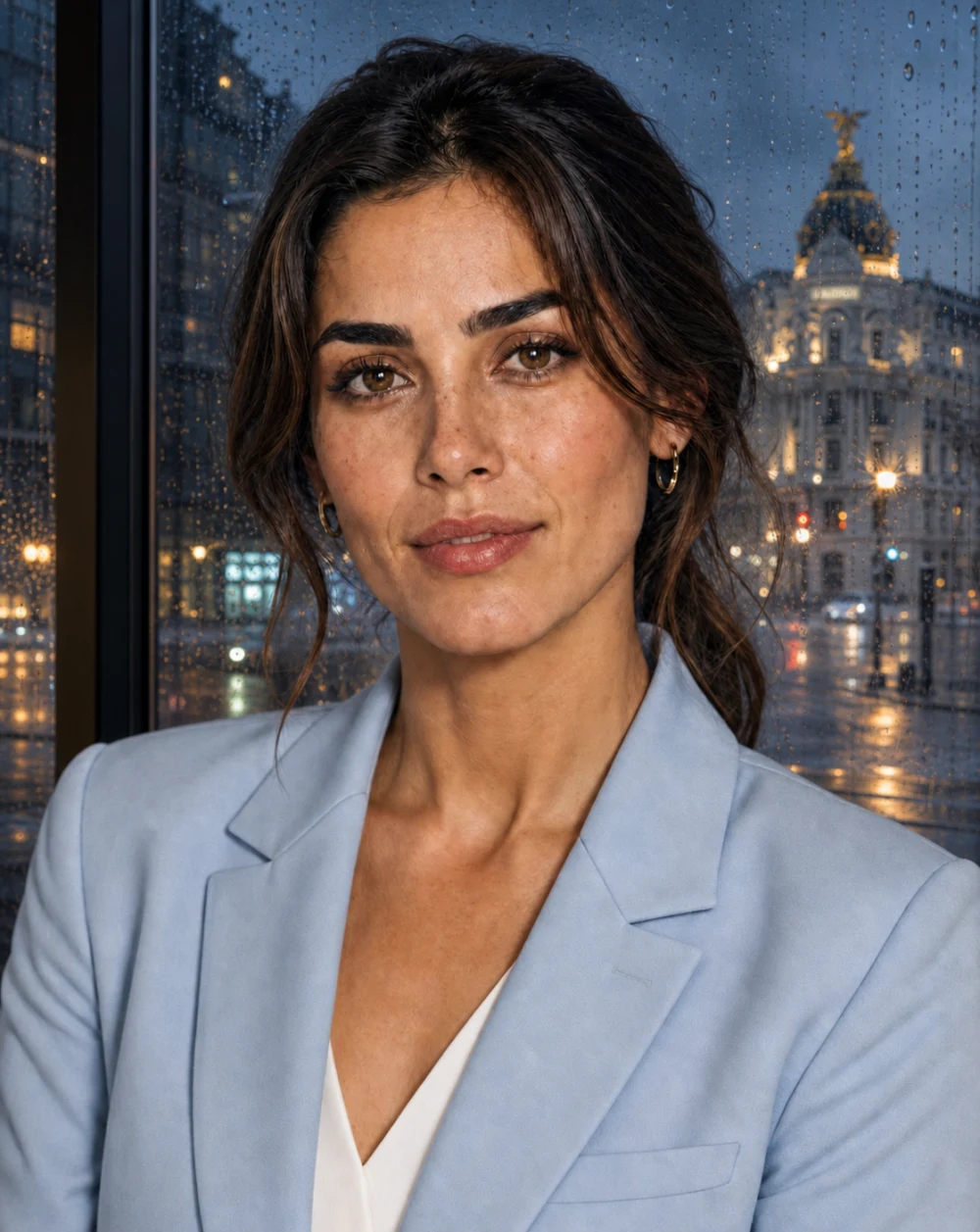 The same woman in front of a rainy night in Madrid after editing the weather