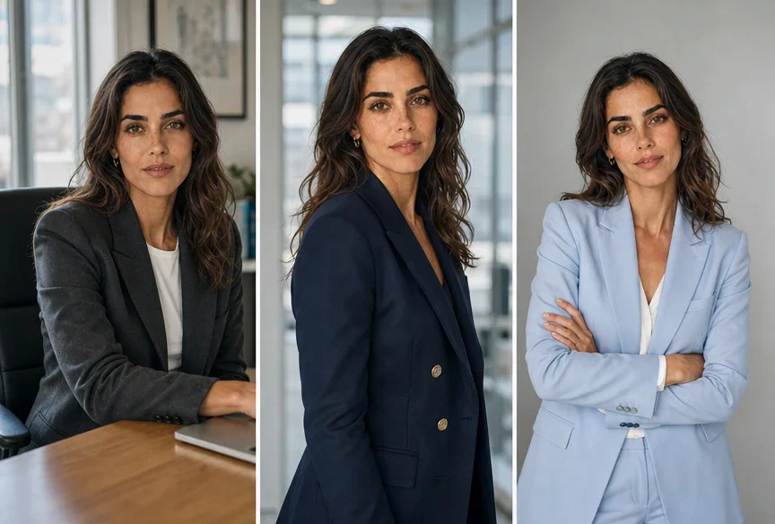 Tres retratos profesionales diferentes para LinkedIn de la misma mujer