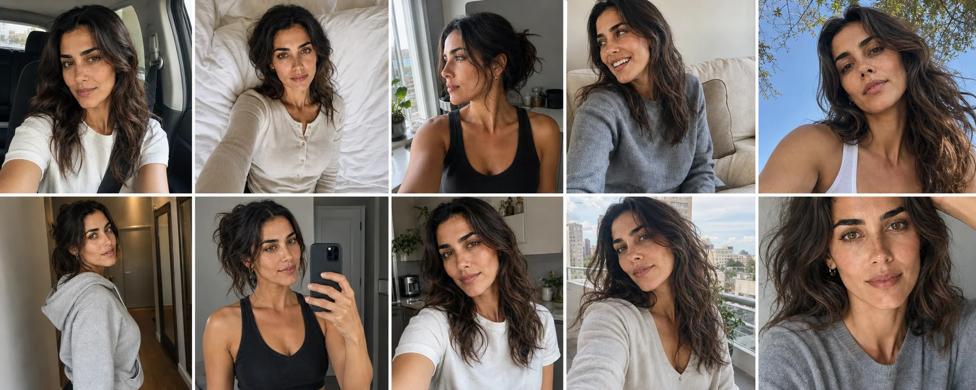 Galería del móvil con diez selfies casuales de la misma mujer