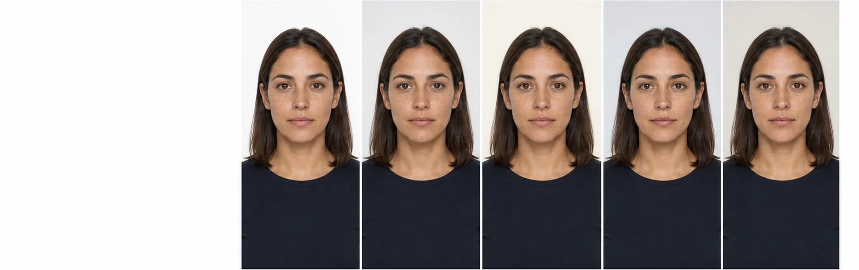 The same woman in five front-facing portraits with neutral backgrounds