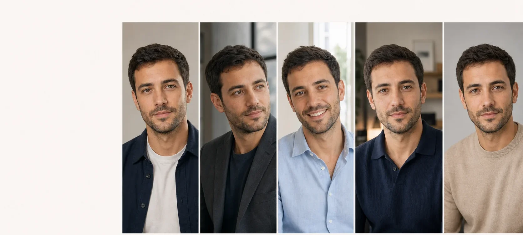 The same man in five natural professional portraits for a CV