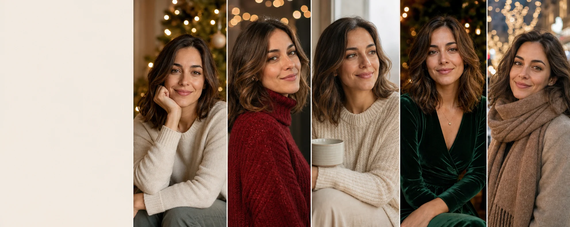 La misma mujer en cinco retratos navideños cálidos y elegantes